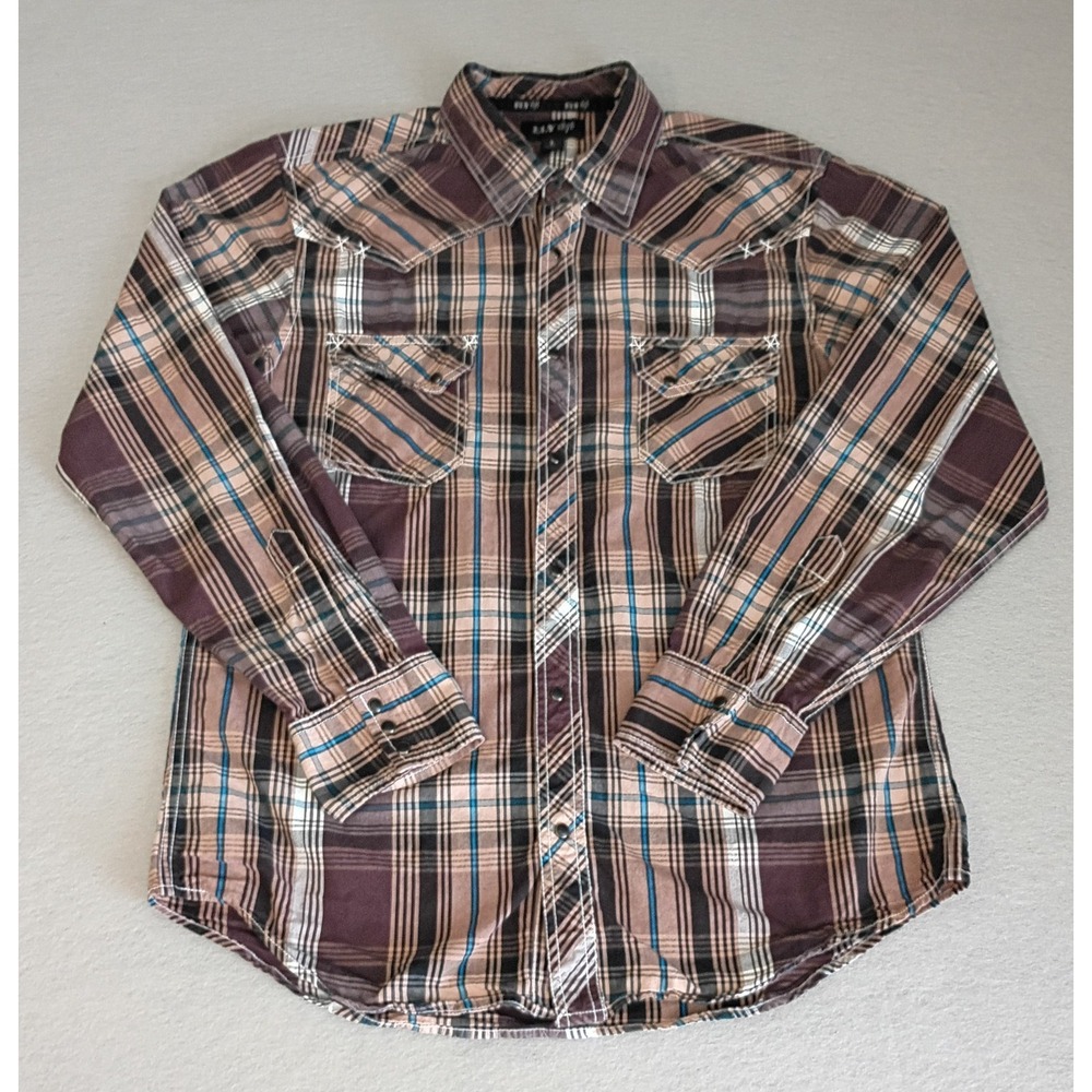 ELY 1878 Long Sleeve‎ Pearl Snap Shirt Mens Lg BrownPlaid Western Rodeo Cotton